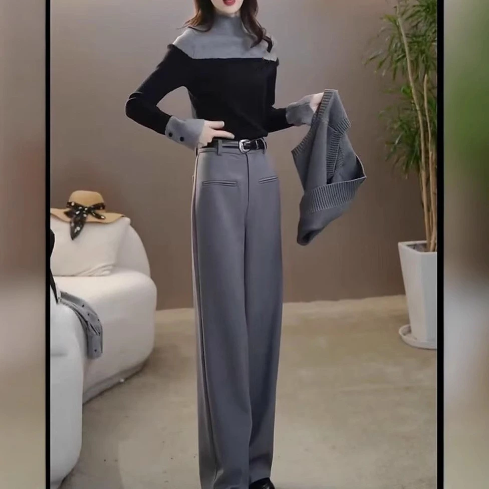 法式气质立领撞色拼接长袖套头半高领打底衫显瘦高腰直筒长裤套装