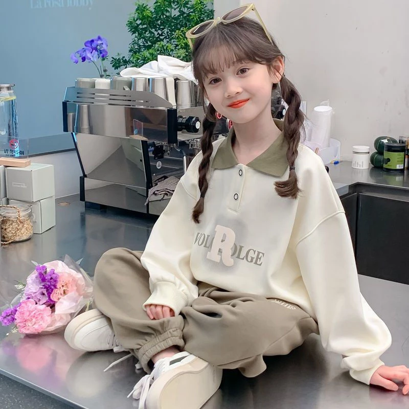 女童秋装卫衣套装2024新款中大童洋气春秋POLO衫翻领上衣两件套潮