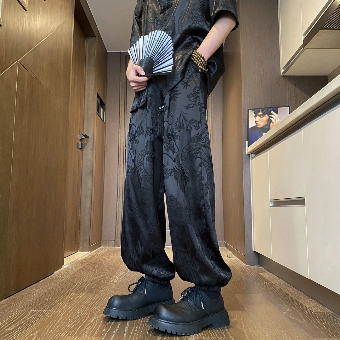 国风缎面提花冰丝裤男春季新款设计感新中式束脚裤凉感宽松休闲裤