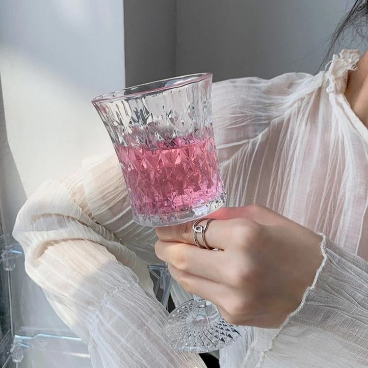 网红高脚杯钻石酒杯欧式浮雕创意红酒杯杯子ins家用喝水杯水杯