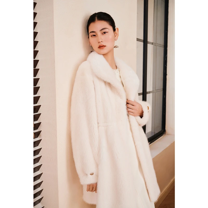 YINER音儿2025新款翻领收腰水貂毛一手长皮草外套8C65109066