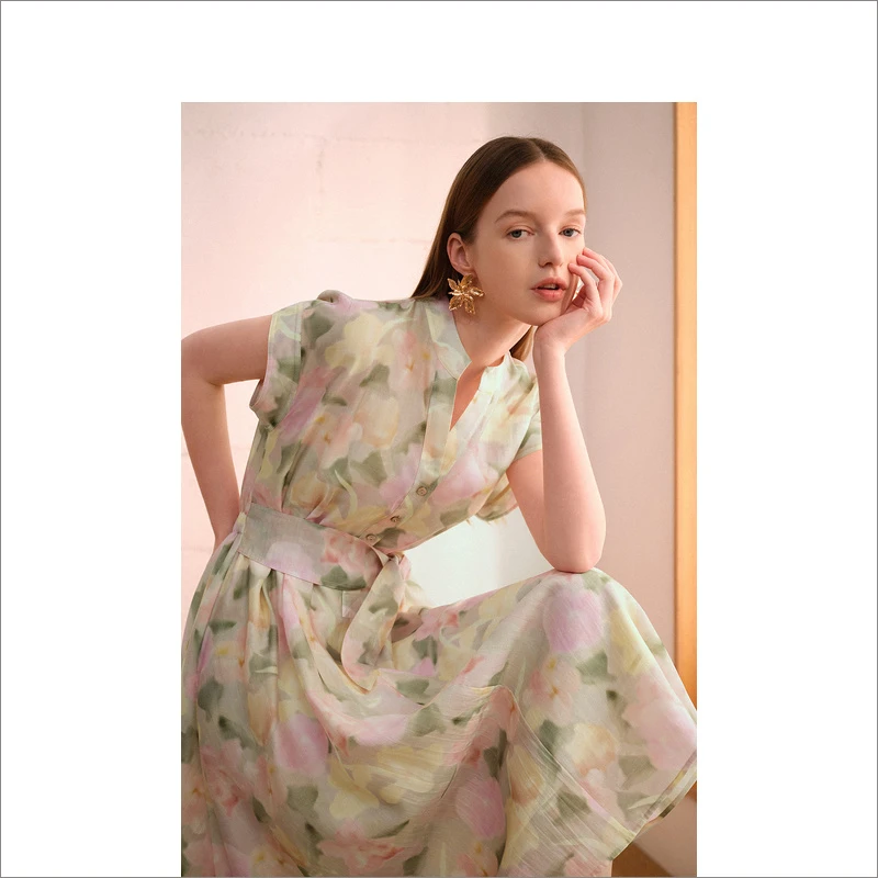 YINER音儿女装2023夏季显瘦腰带印花连衣裙女装连衣裙8C33205450