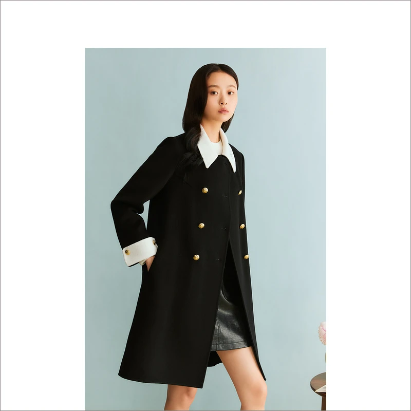 YINER音儿女装绵羊毛时尚女士黑色气质长款毛呢外套8C63580466