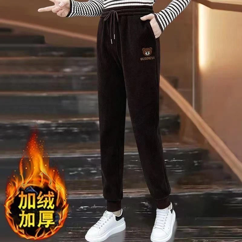加绒加厚束脚休闲裤女2024灯芯绒高腰卫裤新款妈妈装显瘦宽松裤子