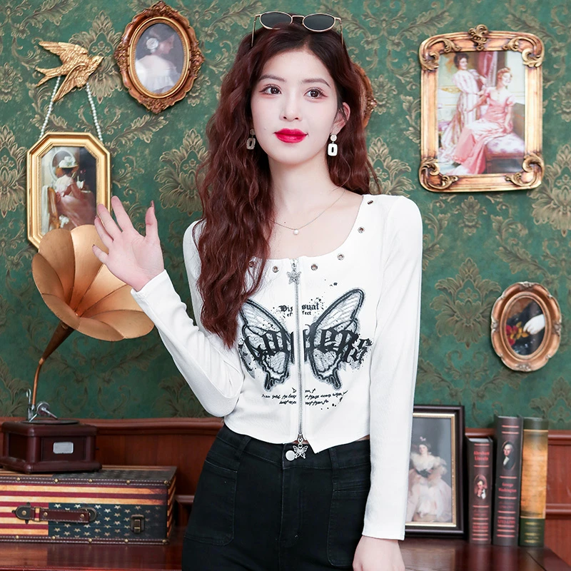 美式重工印花方领长袖T恤女秋季短款双拉链设计感修身辣妹小上衣