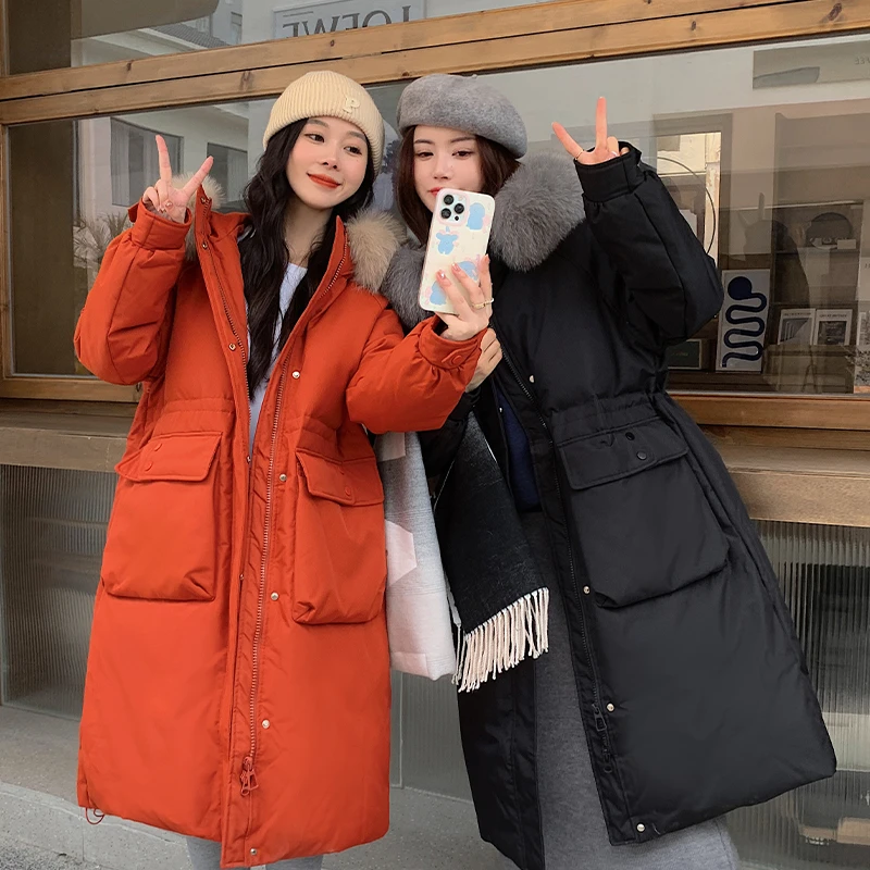 【羽冠】冬季新款大码羽绒服女中长款200斤宽松显瘦穿搭白鸭绒2301