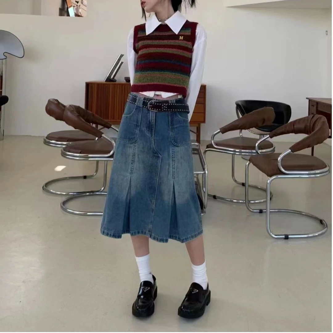 POOR GUYS美式复古牛仔半身裙女春秋设计感小众a字裙高腰牛仔半裙