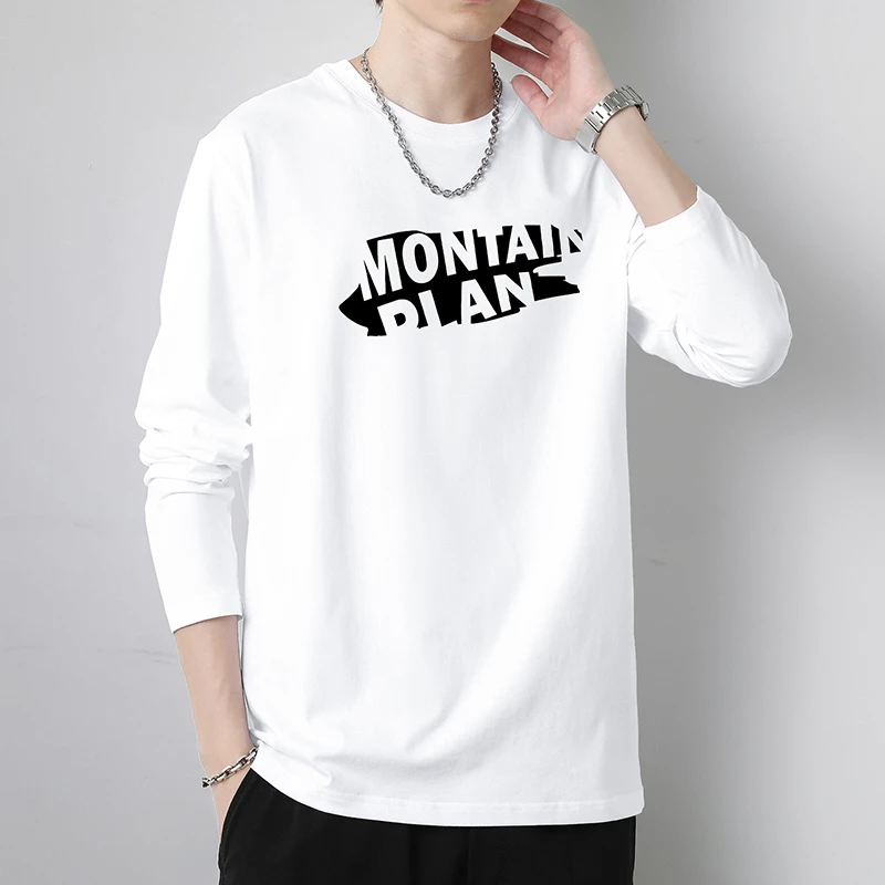 2025新款纯棉白色t恤男长袖宽松上衣服潮流青少年全棉内搭打底衫