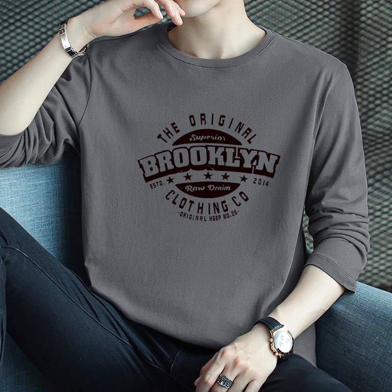 纯棉长袖t恤男生2025新款秋季薄款圆领上衣服全棉内搭打底衫体恤