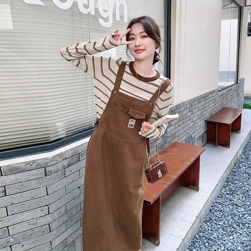 Leybold温柔风孕妇背带连衣裙怀孕夏款咖色背带裙牛仔半身裙韩版