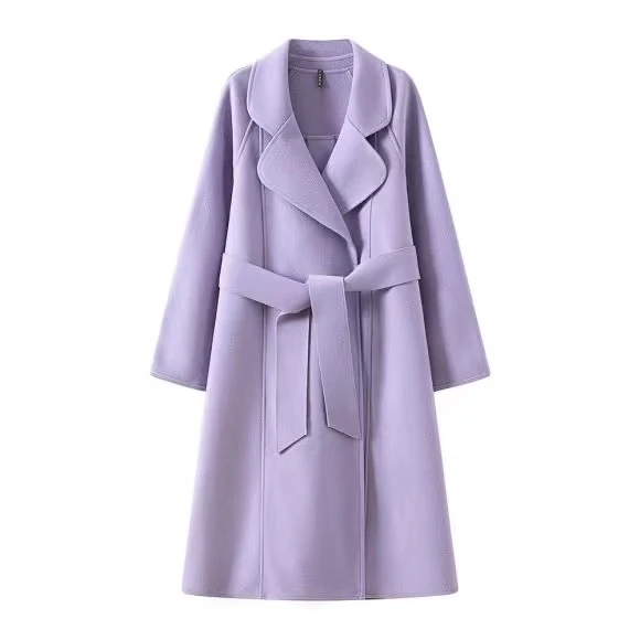 LOERVEER洛薇拉压边浴袍双面呢长女士大衣裙摆显瘦通勤风外套3318