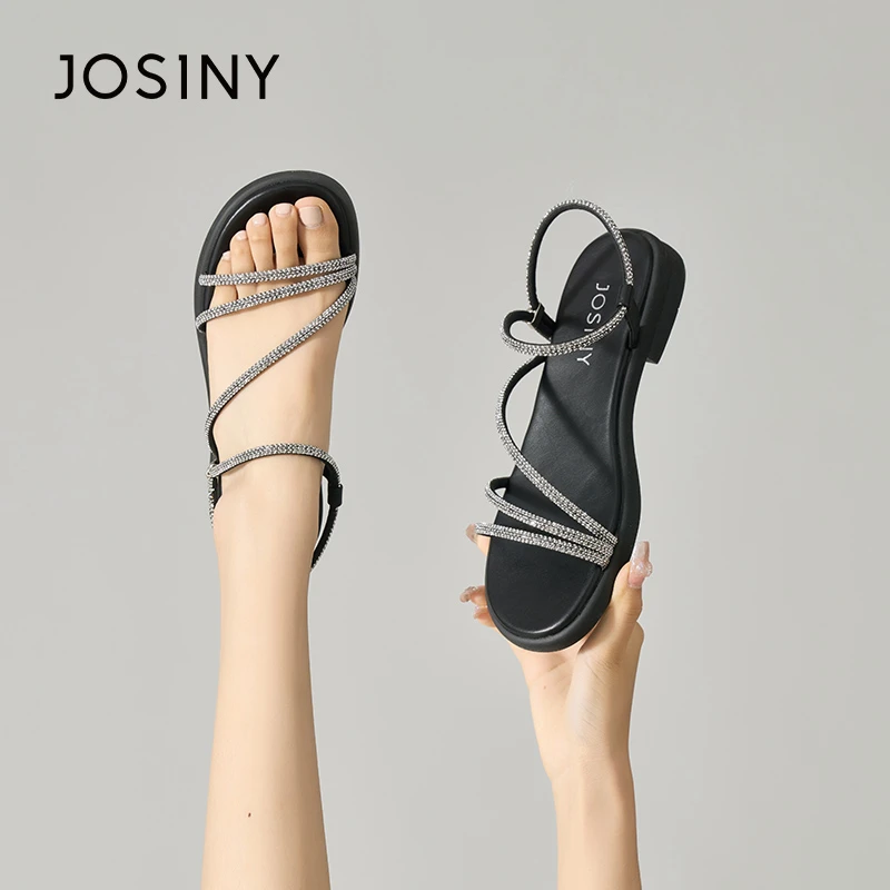 卓诗尼平底凉鞋女夏两穿女鞋2024新款水钻百搭黑色罗马沙滩拖鞋女