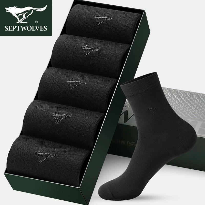 七匹狼袜子男士中筒袜春夏季纯棉防臭吸汗黑色商务款男生全棉长袜