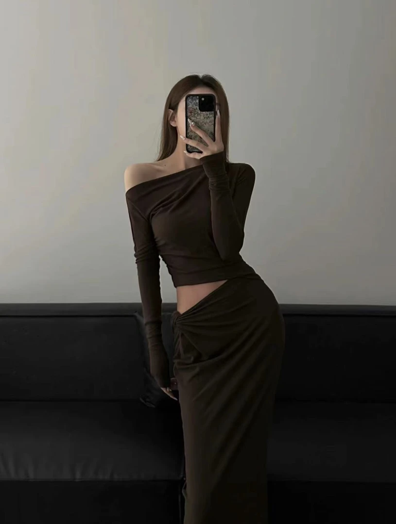 2024春夏季名媛显瘦气质风扭结腰部不对称褶皱长袖高腰半裙套装女