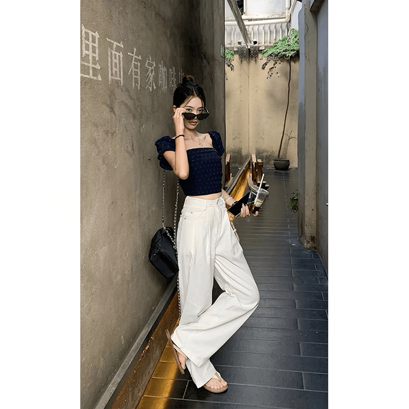 2024夏季新款设计感方领波点露脐短袖上衣女配高腰显瘦休闲阔腿裤