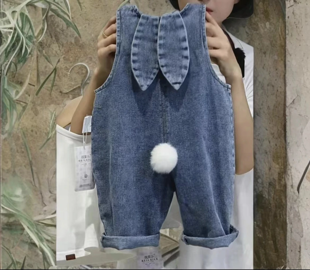 男女通用牛仔背带裤春秋兔子耳朵男女小童洋气可爱休闲裤长裤子