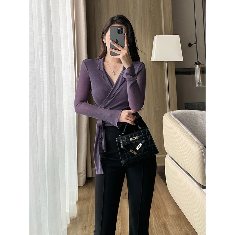 【现货清仓】紫色细闪长袖衬衫女纯欲绑带微喇V领收腰短款显瘦上衣