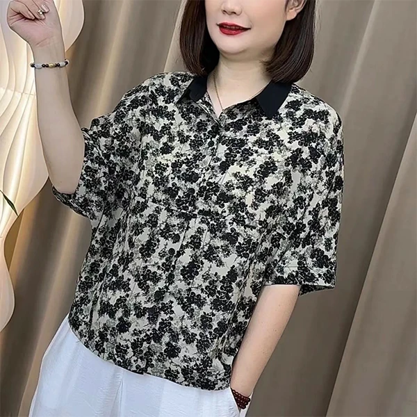 2024夏季新款碎花衬衫印花宽松休闲时尚复古蝙蝠衫百搭
