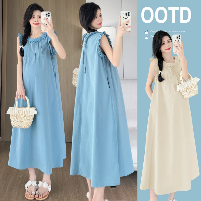 孕妈妈连衣裙韩版夏季宽松简约舒适孕妇装木耳边袖口孕妇连衣裙