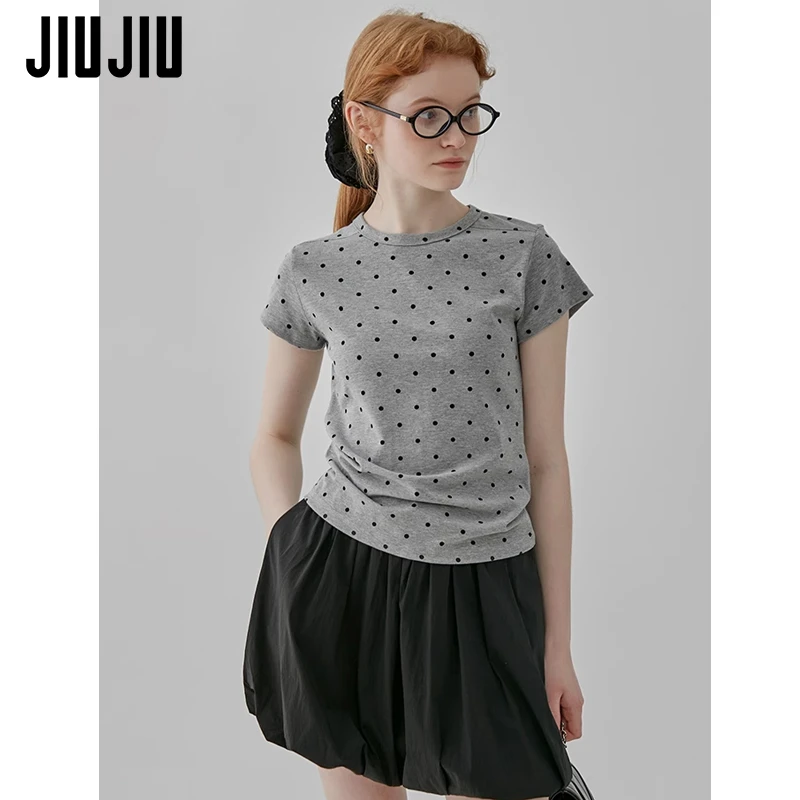 JIUJIU美式复古波点短袖T恤女夏季新款设计感正肩修身短款上衣