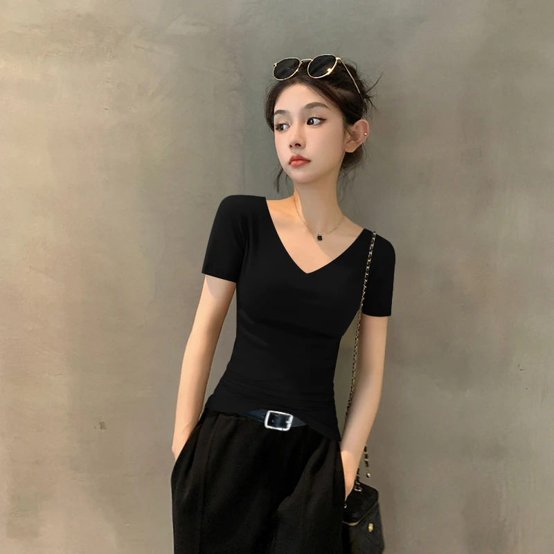莫代尔短袖黑色薄款t恤女装夏季V领2025新款爆款低领修身百搭上衣
