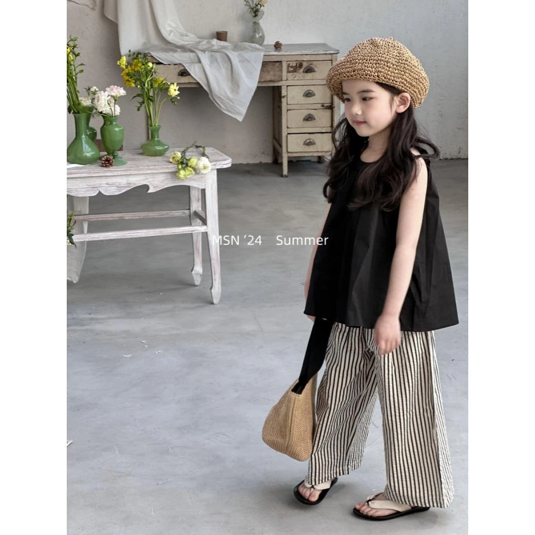 韩国童装2024夏季新款百搭无袖背心上衣条纹阔腿裤洋气时髦两件套