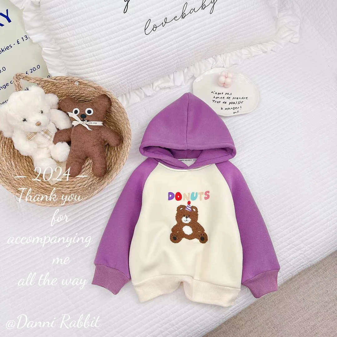 2024冬季撞色儿童可爱卡通小熊加绒保暖糕糕绒连帽卫衣 D-W202