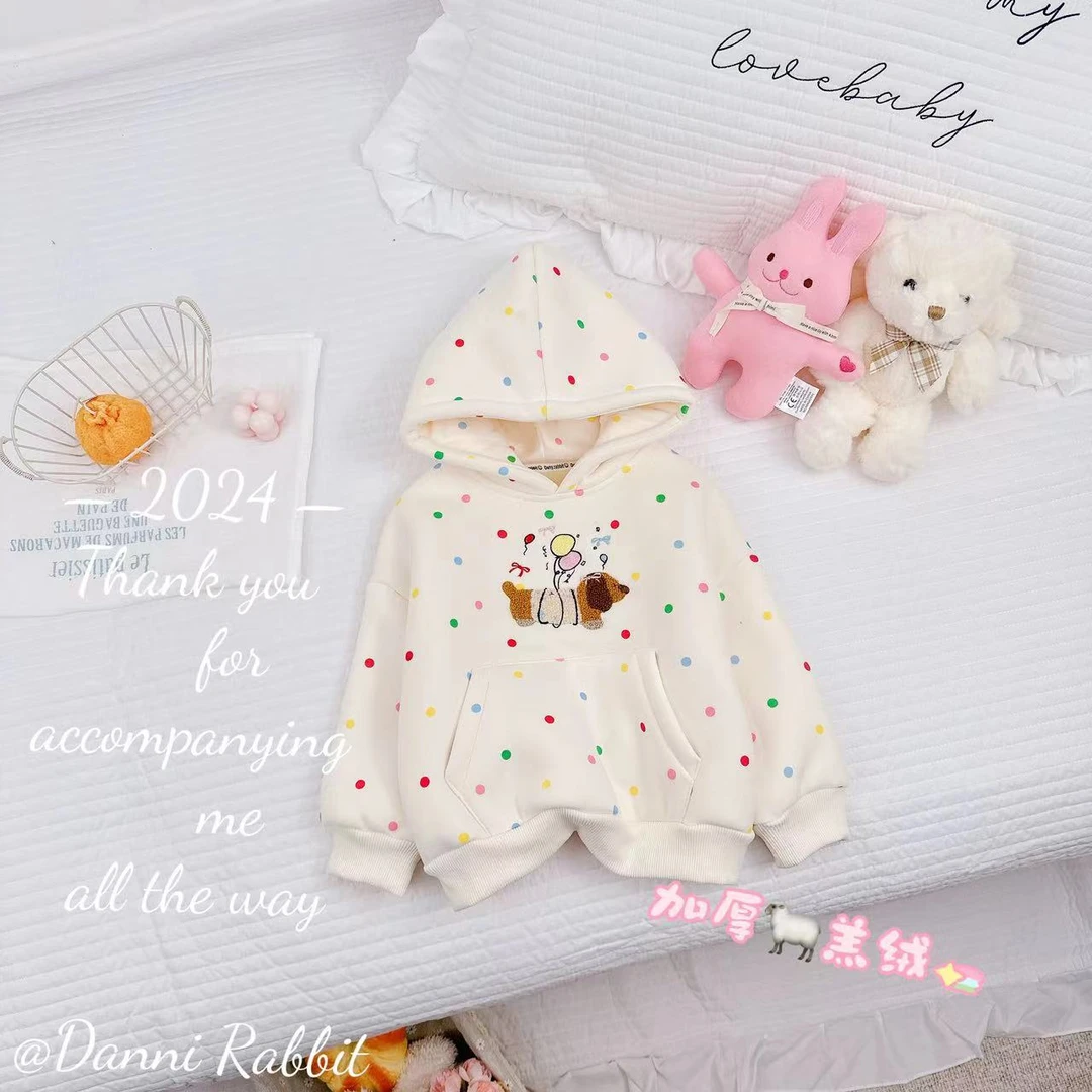 *腊肠狗*2024冬季新品加绒卡通波点女童羔羔绒连帽卫衣 D-X21