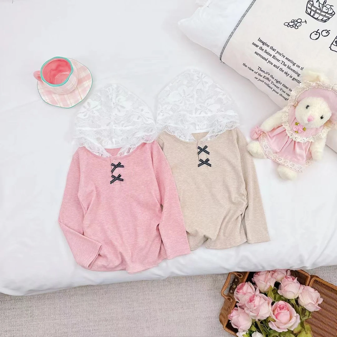 2024春秋新品甜美蕾丝帽蝴蝶结儿童打底衫 D-AB971