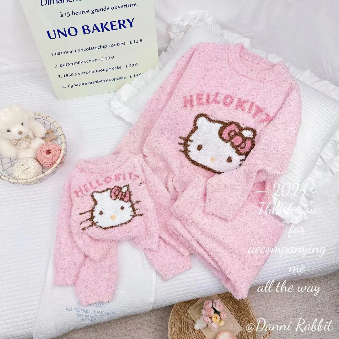 2024冬季加绒保暖半边绒可爱猫猫套装亲子装家居服套装 D-Z697