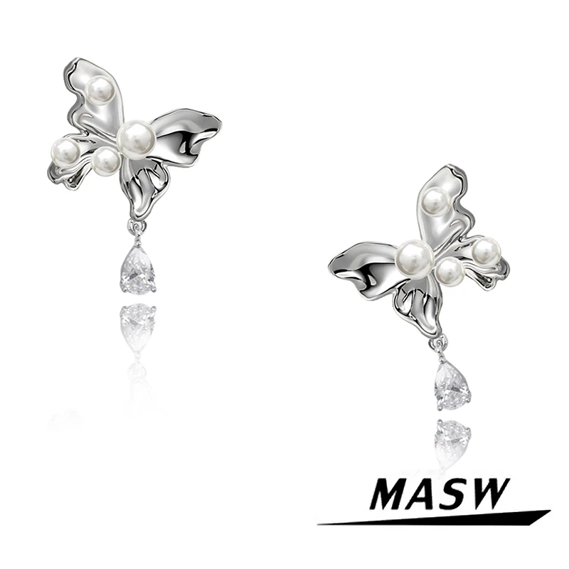 masw/麻秀 铜合金合成锆石耳饰 蝴蝶耳钉925银针小众耳环女M1933
