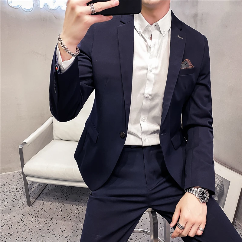 春秋新款英伦韩版修身小西装外套男商务休闲纯色西服套装结婚礼服