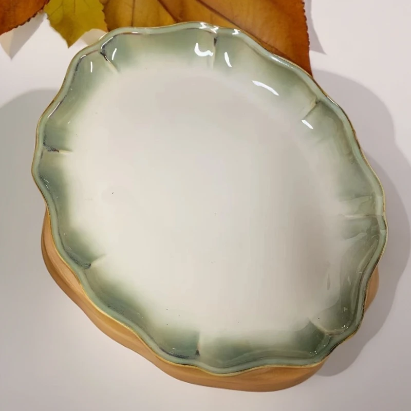 简约陶瓷创意荷叶盘子平盘甜品盘西餐盘家用耐高温辣739绿色复古