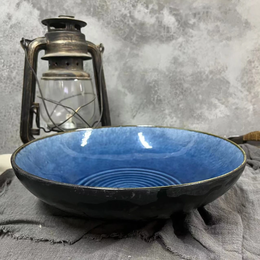 辣1033-60 陶瓷釉下彩窑变蓝十一英寸 大汤碗 微瑕满20包邮