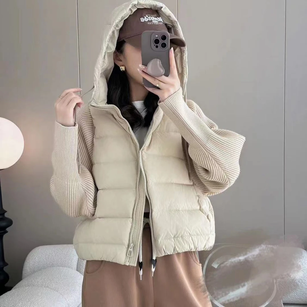 YUZIQIAN【百搭系列】韩版秋冬短款冬季针织拼接简约连帽保暖羽绒服