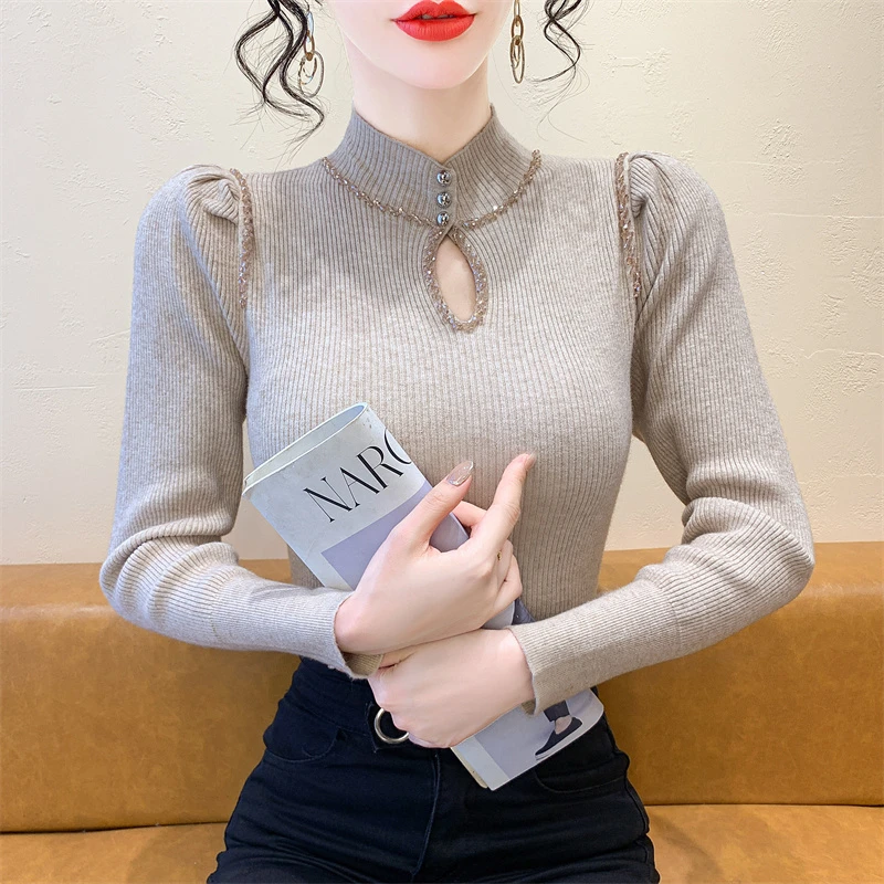 重工钉珠镂空半高领针织衫女秋冬气质设计感修身内搭长袖打底上衣