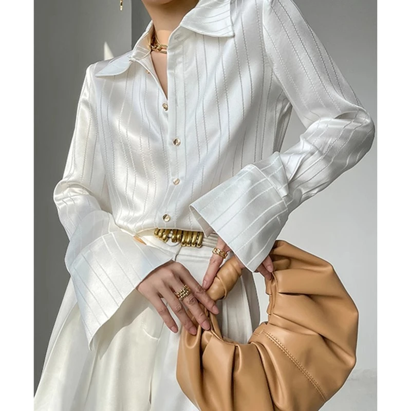 法式条纹衬衫女春秋2025新款垂感气质高级感仿醋酸缎面长袖白衬衣