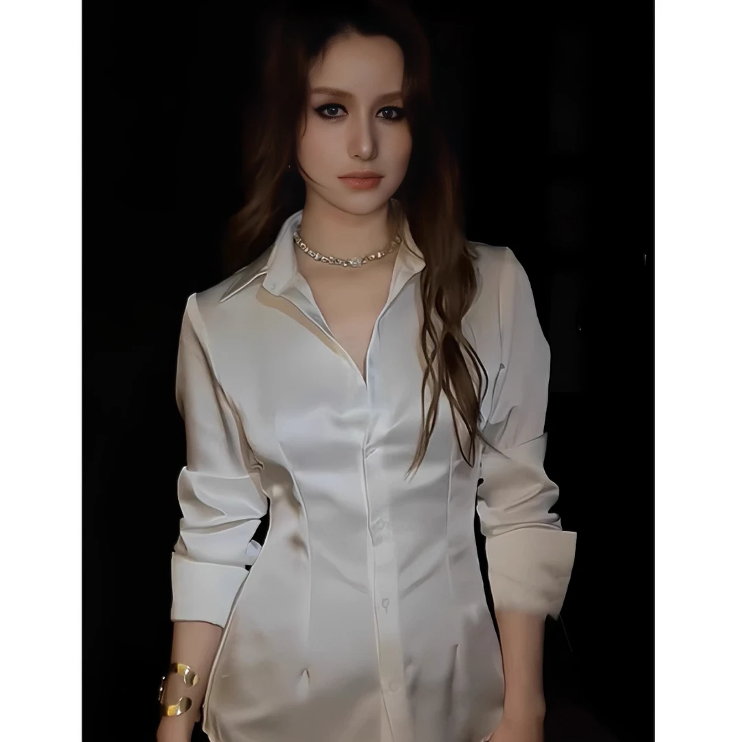 2025新款高级感超好看高端别致欧货小衫白色醋酸缎面收腰衬衫女春