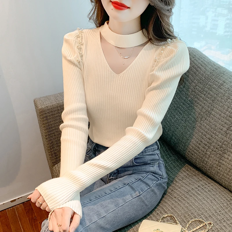 2025春秋新款套头挂脖半高领长袖打底衫女洋气钉珠镂空针织衫上衣