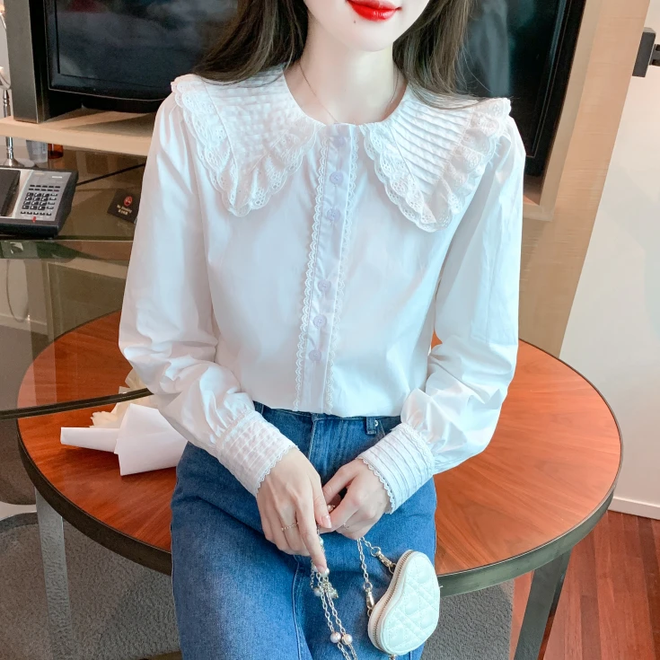 白色娃娃领小众长袖衬衫女装春秋季2025新款设计感内搭上衣小个子