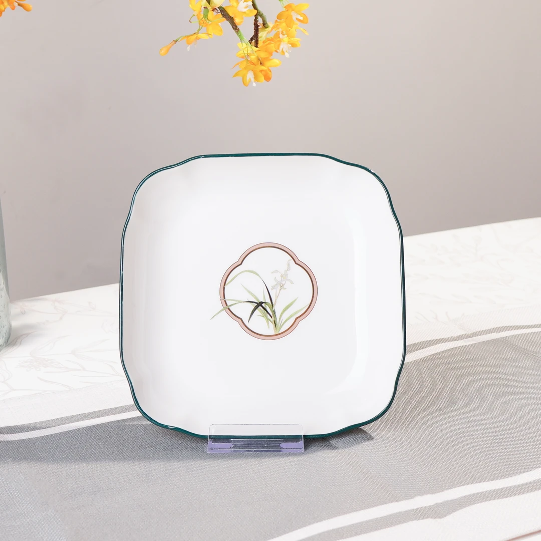 新中式兰花7英寸正方形盘陶瓷家用创意菜盘子釉下彩复古国风餐具