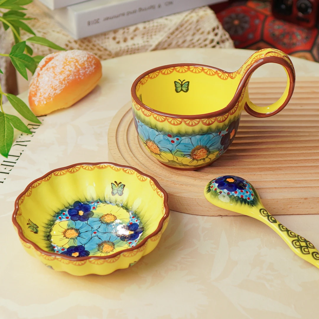 【三件套】波兰瓷手绘琉璃黄釉下彩曲把杯陶瓷高颜值早餐杯450ml