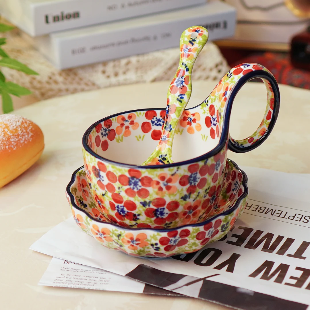 【三件套】波兰瓷碧丝粉黛釉下彩曲把杯创意陶瓷高颜值水杯早餐杯