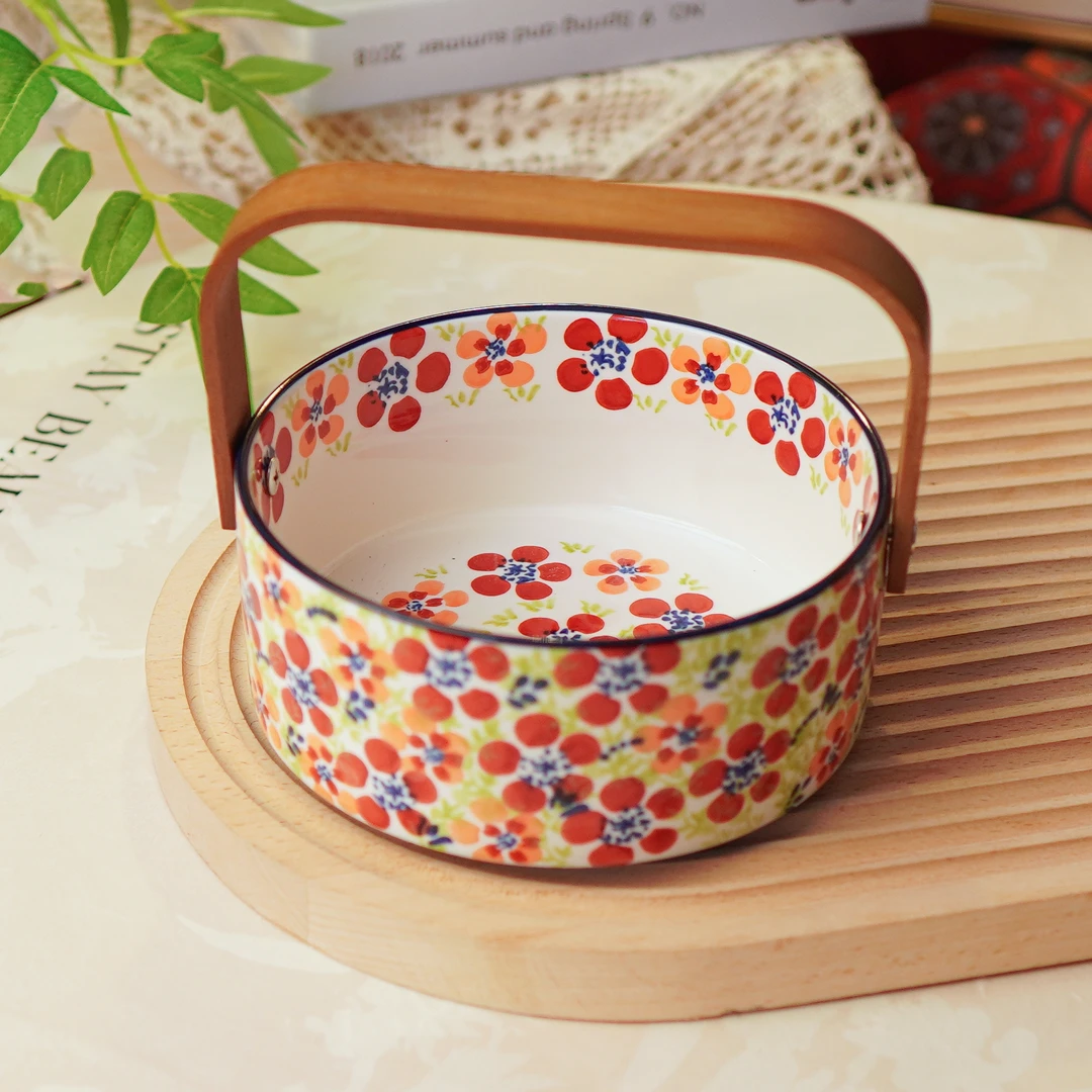 波兰瓷碧丝粉黛6英寸提手水果篮陶瓷手绘釉下彩提篮