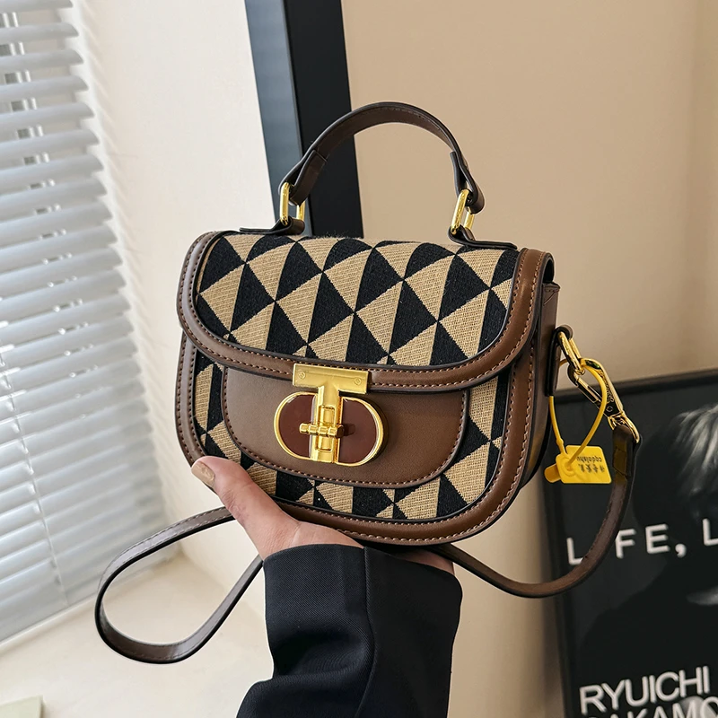 网红包包女百搭新款潮时尚菱格手提马鞍包秋冬复古小众单肩斜挎包