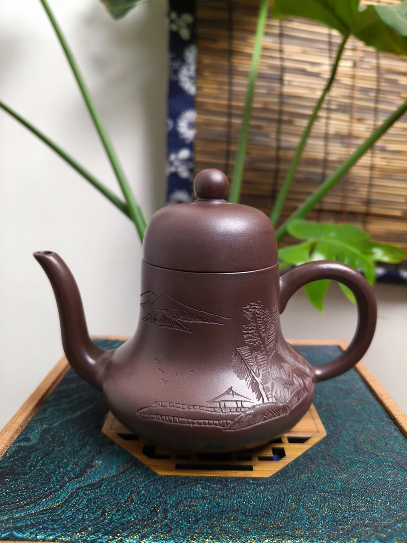 紫朱泥 刻绘思婷 紫砂壶