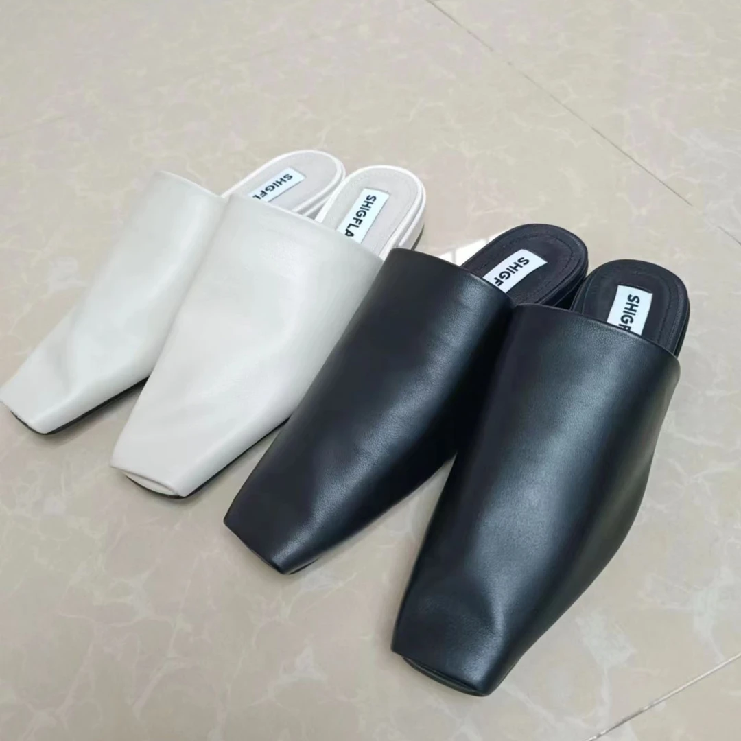 2023新款真皮半拖女鞋平底网红时尚百搭简约方头不累脚包头拖鞋