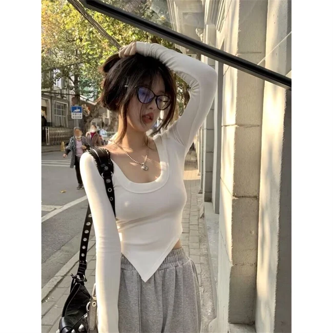德绒U领不规则长袖T恤女春季纯欲风设计感白色显瘦内搭上衣打底衫