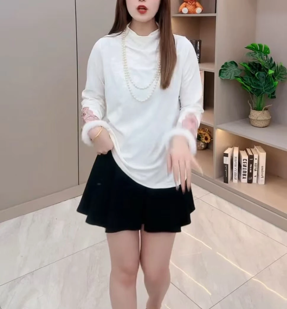 胖晓雨‘’中国风民族风大码刺绣高领打底衫气质百搭秋冬加绒上衣