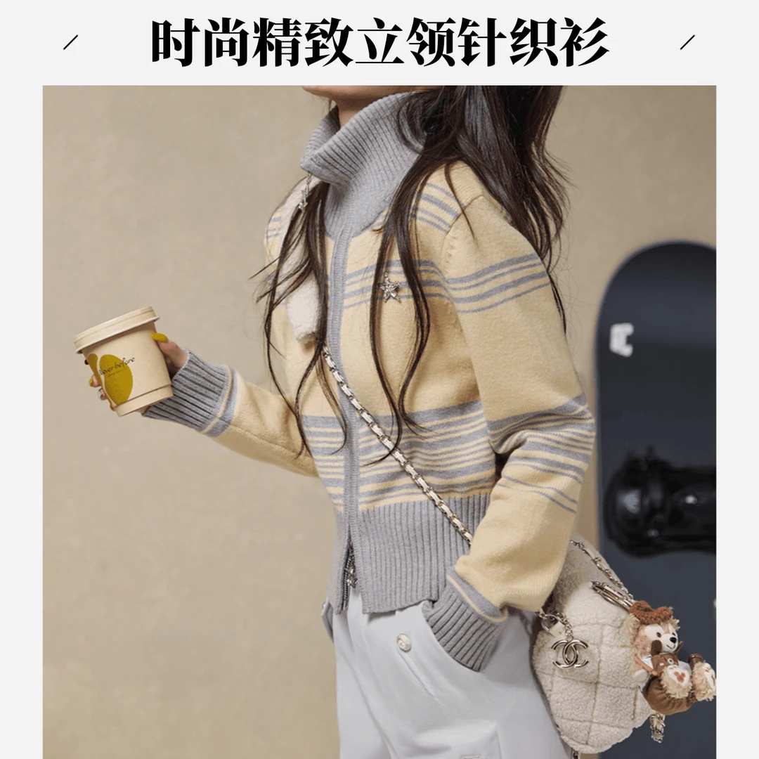 时尚企鹅岛法式复古甜美毛织衫休闲毛衣女立领条纹高级感撞色显瘦